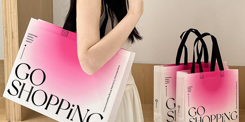 Pink Gradient Laminated Non Woven Bags Custom Shopping Bags for Clothing and Gifts (8) Non Woven Bags for Clothing Stores